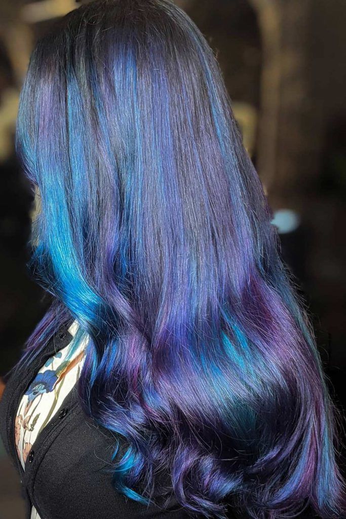 Blue and Purple Highlights on Long Black Hair