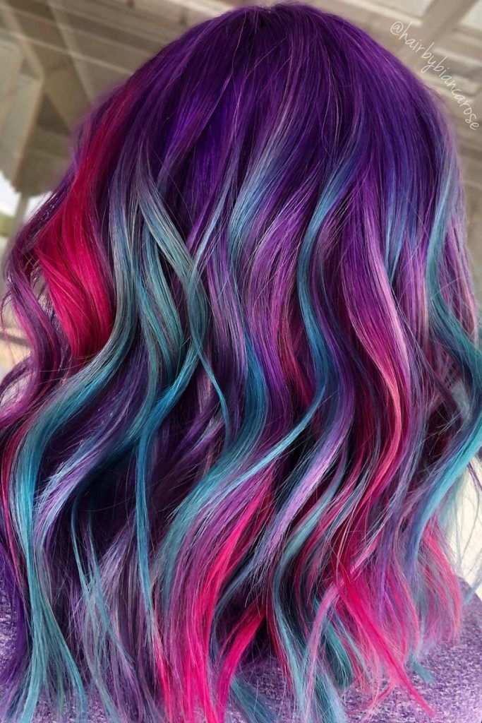 Purple Hair with Bright Blue and Pink Highlights