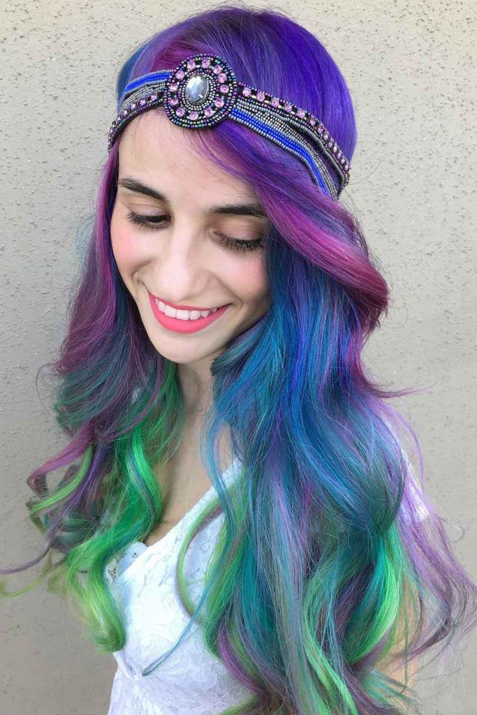 Long Layered Hair With Purple And Green Highlights