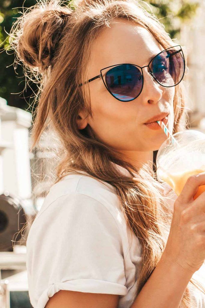 Space Buns Style With Butterfly Shaped Sunglasses