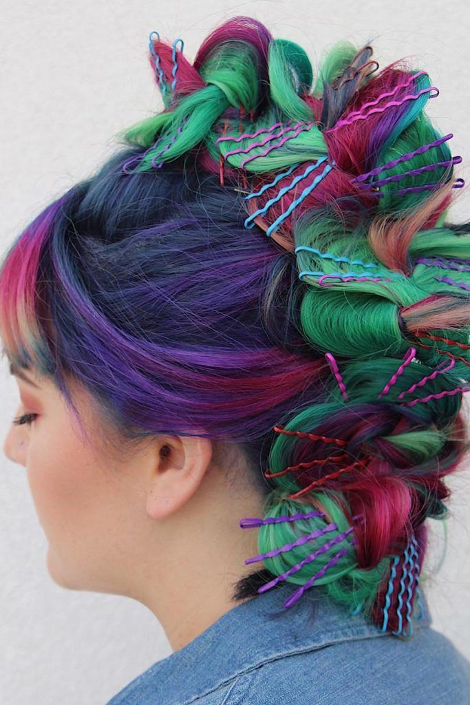 Bobby Pin Updos Hairstyles with Dark Rainbow Hair