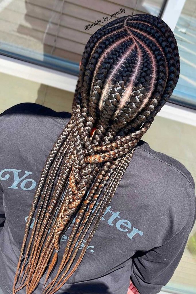 Give your stitched braids an unusual turn by opting for a curved line pattern instead of a straight one.