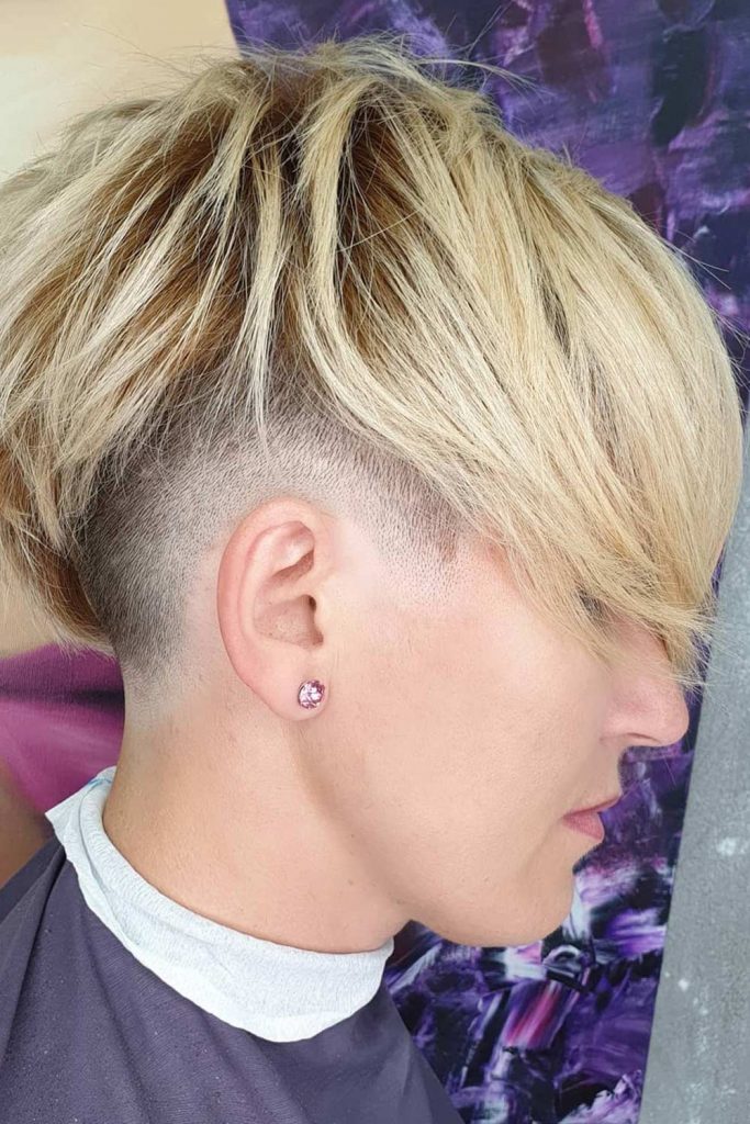  you need to ask your stylist to give you a swept-over-side pixie haircut and, as an option, leave your undercut darker than the rest of your hair