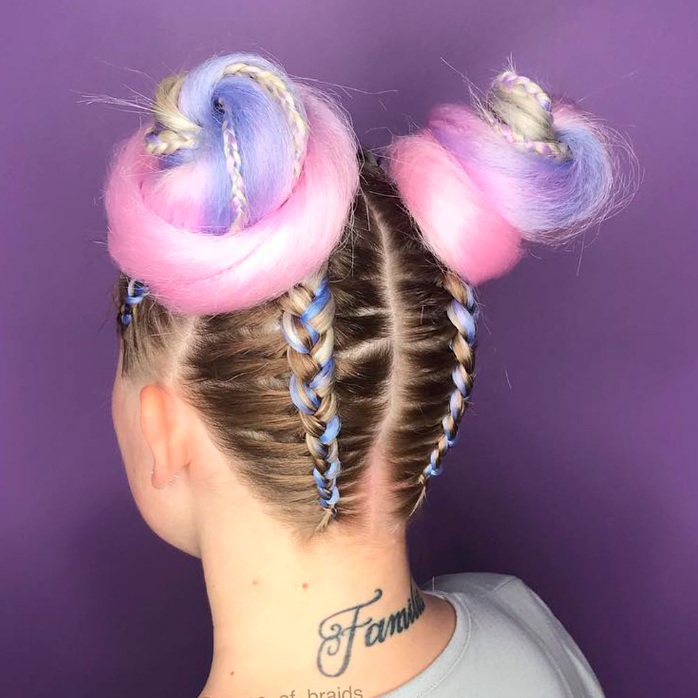 Fairy Floss Braids Styled Into Buns