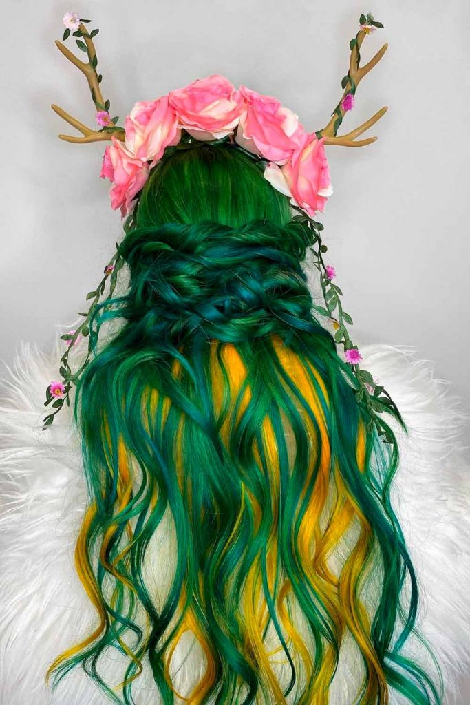 Halloween Braided Hairstyle Green Yellow Locks & Rose Wreath