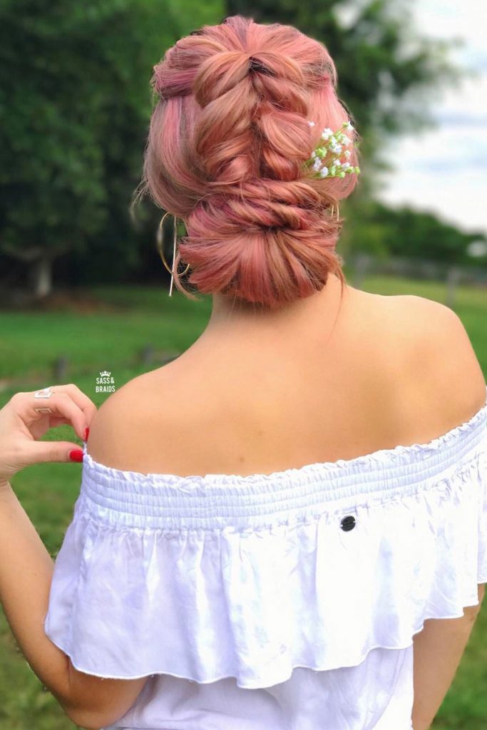 A full braided updo, a low loose bun with curly front locks, and wavy twisted updo, they all look so fresh with these tiny flowers!