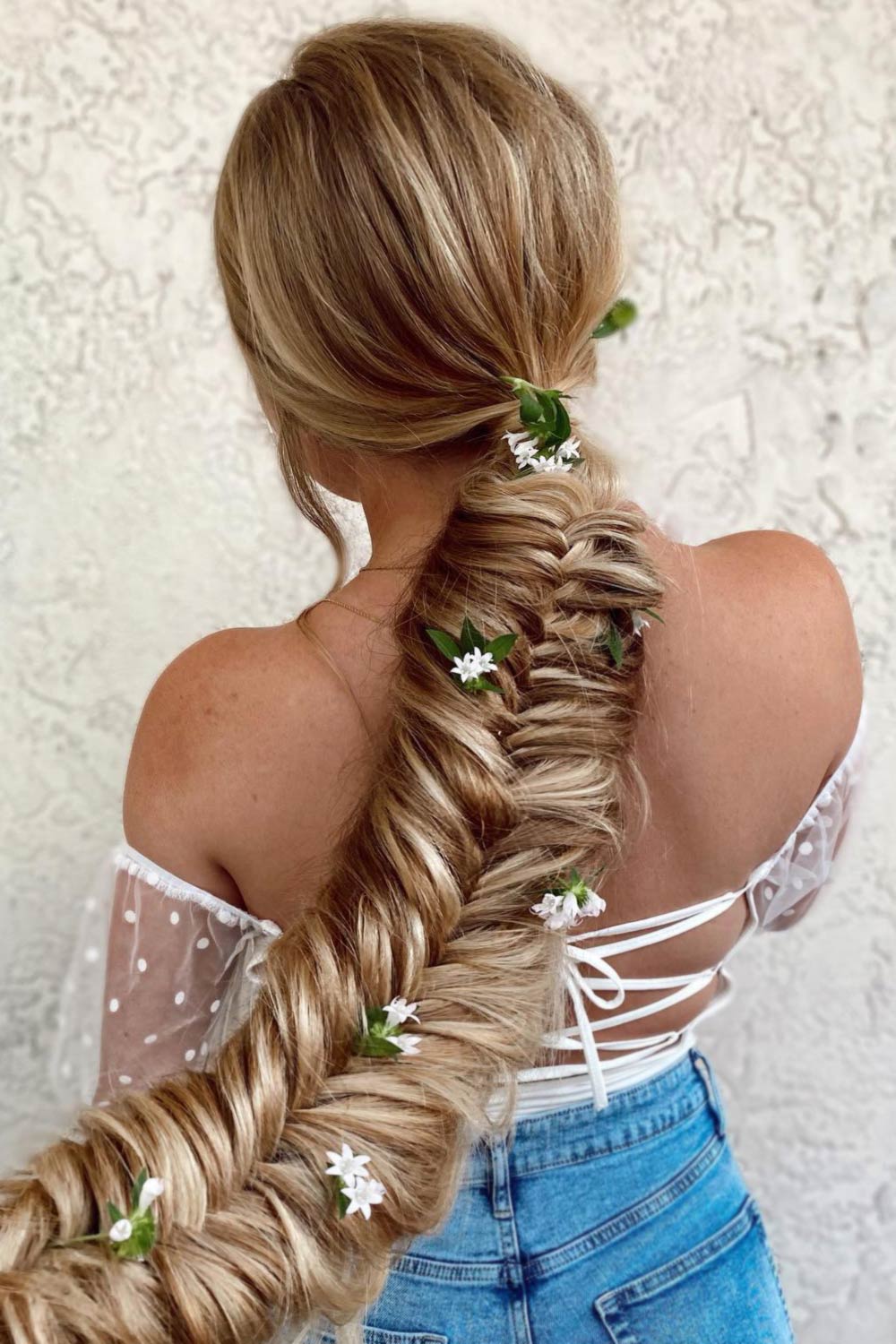 Long Fishtail Braid with Flowers