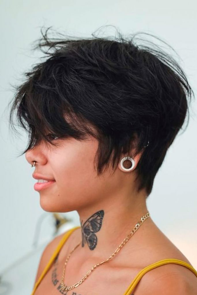 Short Dark Choppy Layered Hair SideSwept Pixie Long Fringe