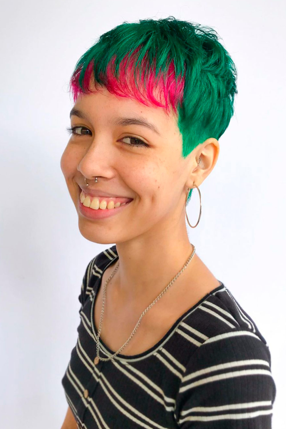Green Short Hair with Dyed Pink Bangs