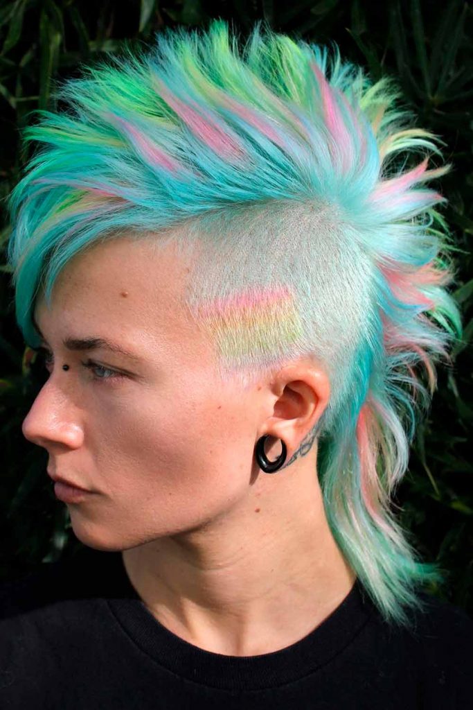 Neon Blue Punk-Style Female Mullet