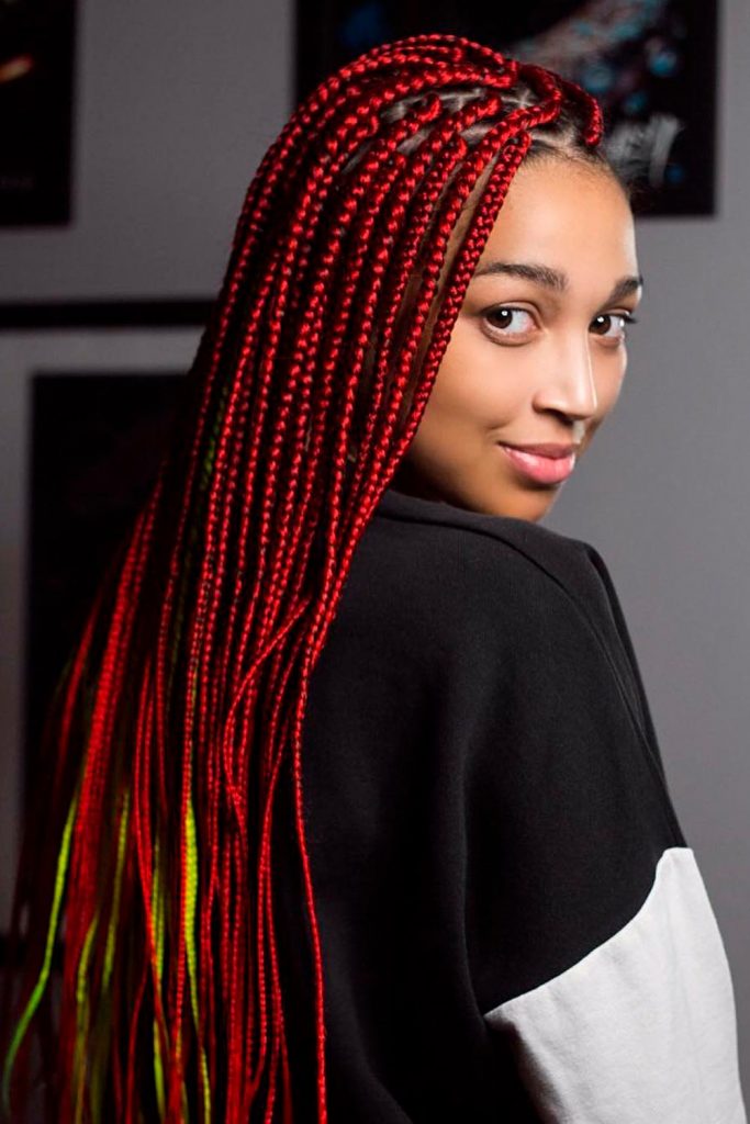 “Magic Sunset” Long Box Braids With Dark Red Extensions