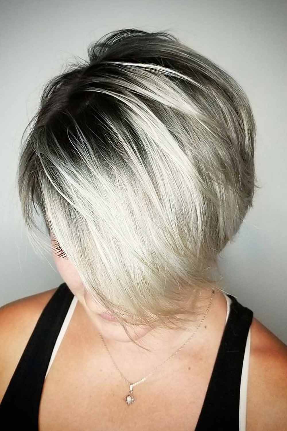 Medium Blonde Bob with Black Roots For Woman #blackandblondehair #blackhair #blondehair