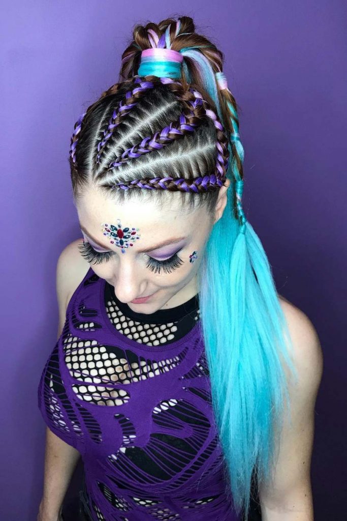 Vibrant Side Cornrows with a Top Pony 