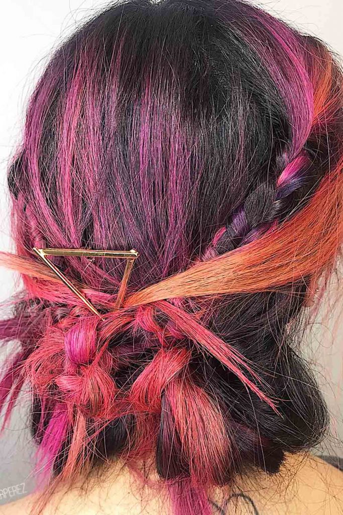 Black Hair With Pink and Coral Highlights #blackhairwithhighlights #hairwithhighlights #pink