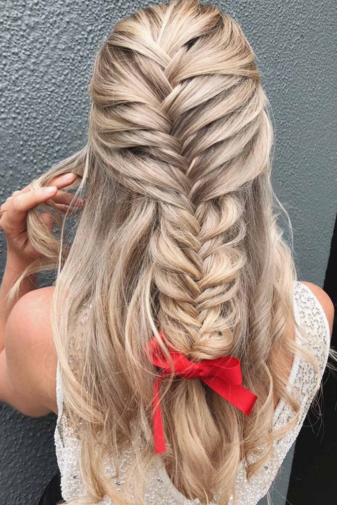 Long Blonde Hair with Red Ribbon
