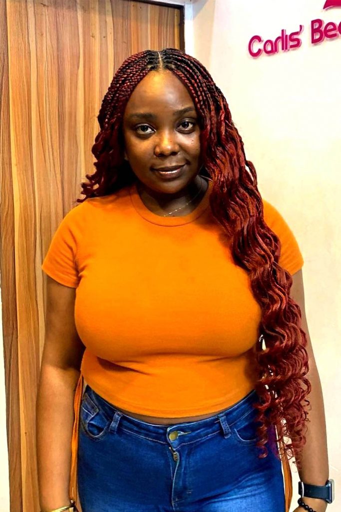 Red Box Braids With Long Wavy Ends