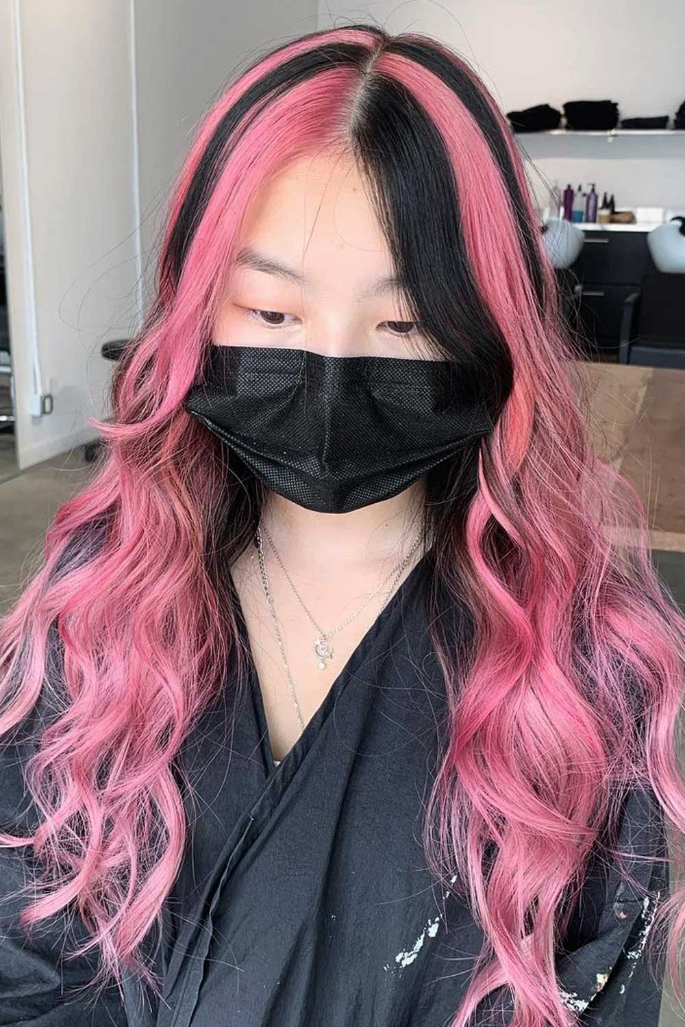 Pink and Black Diagonally-Placed Hair Color Blocks