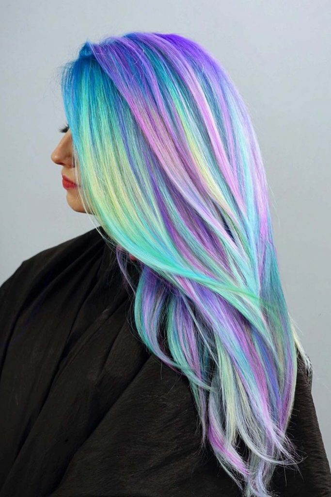 Blonde Hair with Blue-Pink Highlights