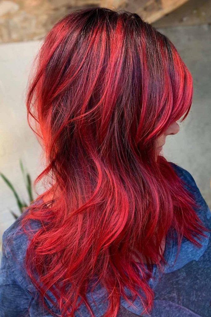 Layered Dark Red Hair with Highlights #darkredhair #darkredcolor #darkred #redhair