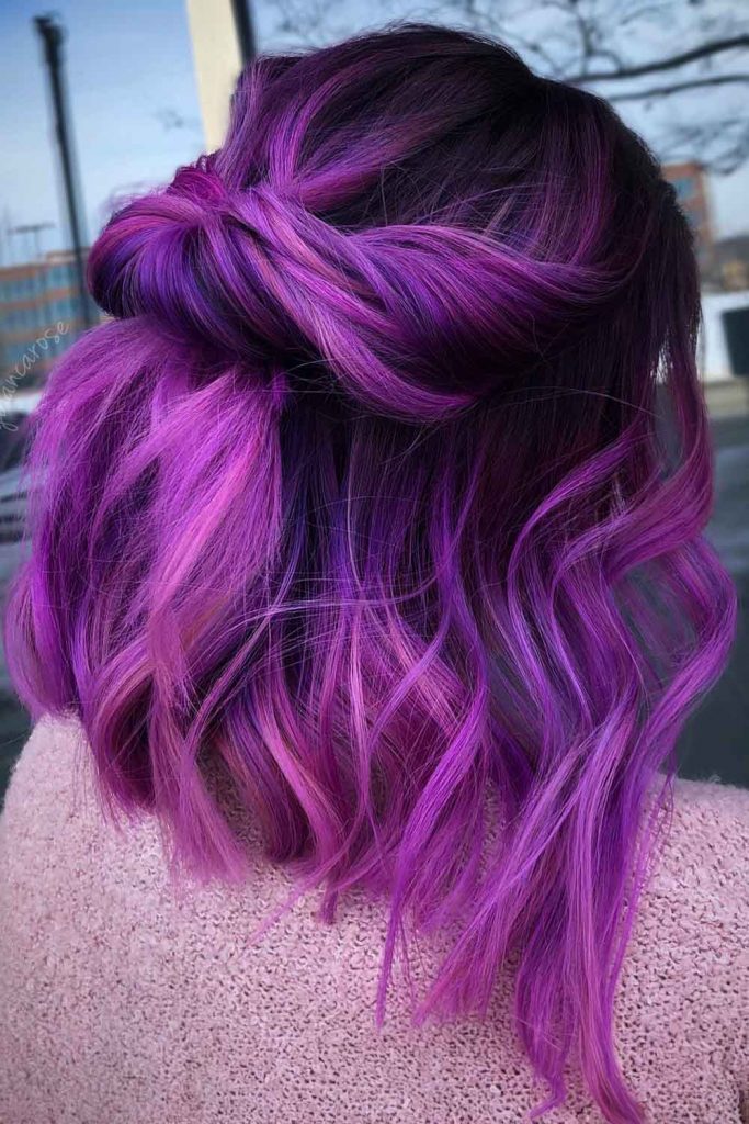 Black Purple Wavy Half Updo