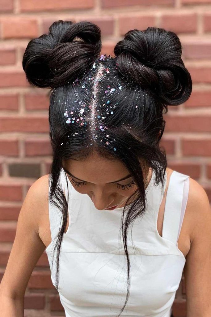 Space Buns with Glitter #christmashairstyles #hairstyles