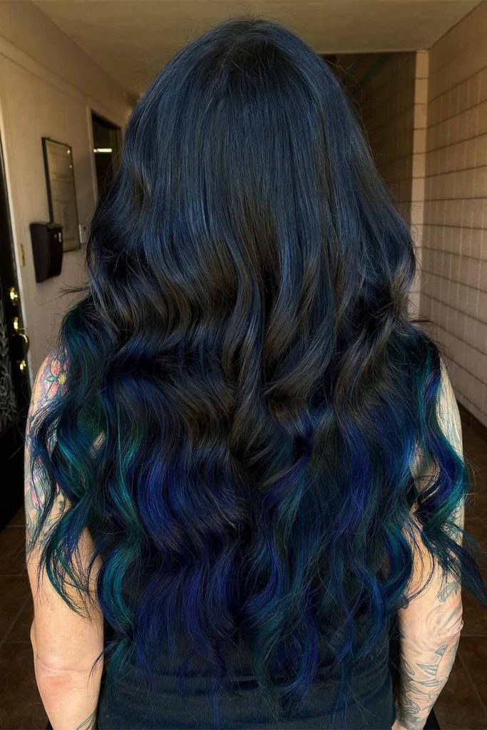 Dark Black Hair with Blue and Green Ends
