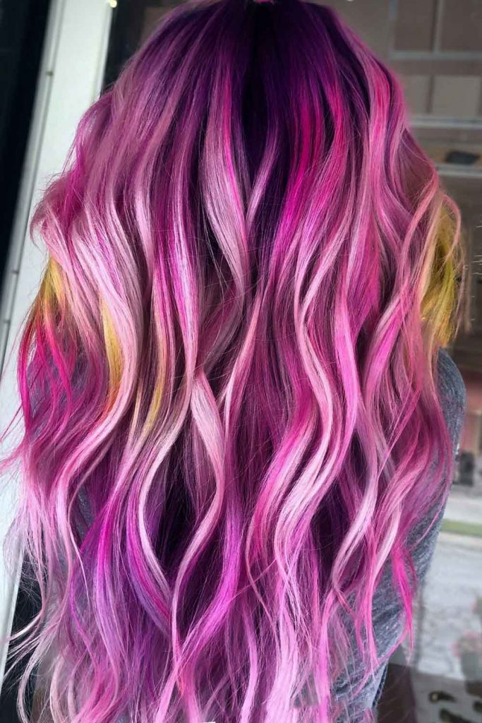Long Wavy Hair with Pink Highlights