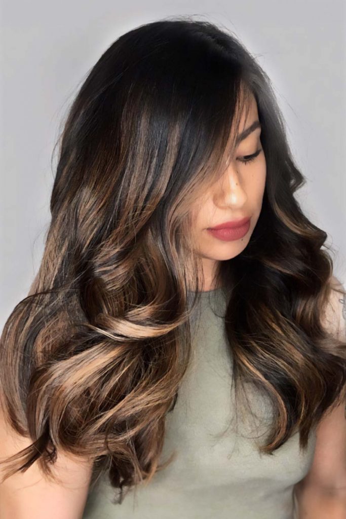 Shiny Light Brown Balayage with Black Roots #chocolatebrownhair #chocolatebrown #brownhair
