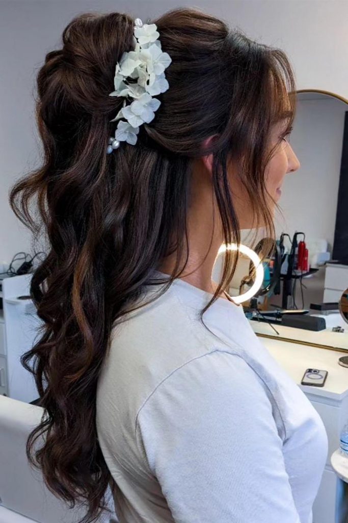 Wavy Half Up Hairstyle with White Flowers