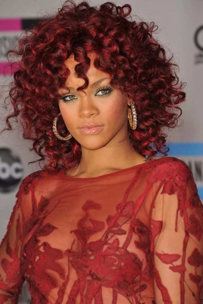 Amazing Rihanna`s Burgundy Curls #burgundyhaircolor #burgundyhair