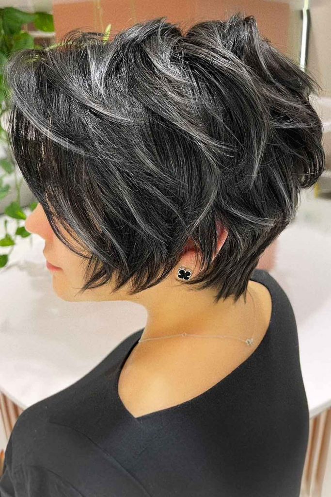 Black Hair with Grey Highlights #shortgreyhair #shorthairstyles #greyhairstyles