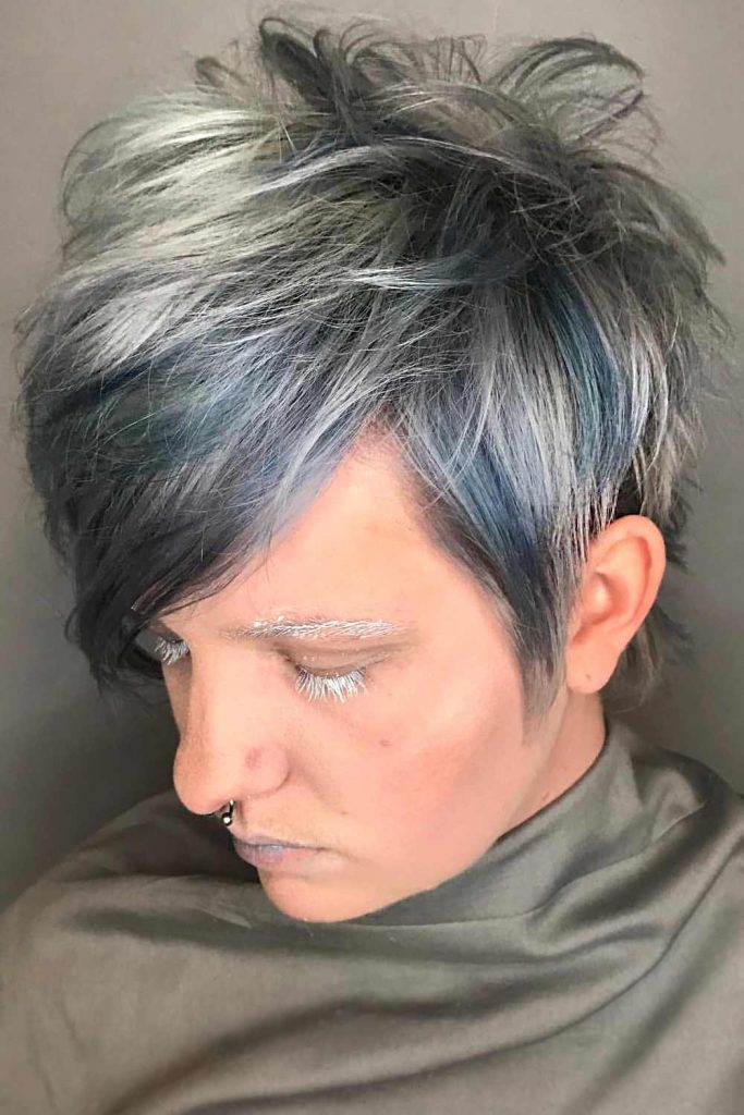 Grey Hair with Blue Highlights #shortgreyhair #shorthairstyles #greyhairstyles