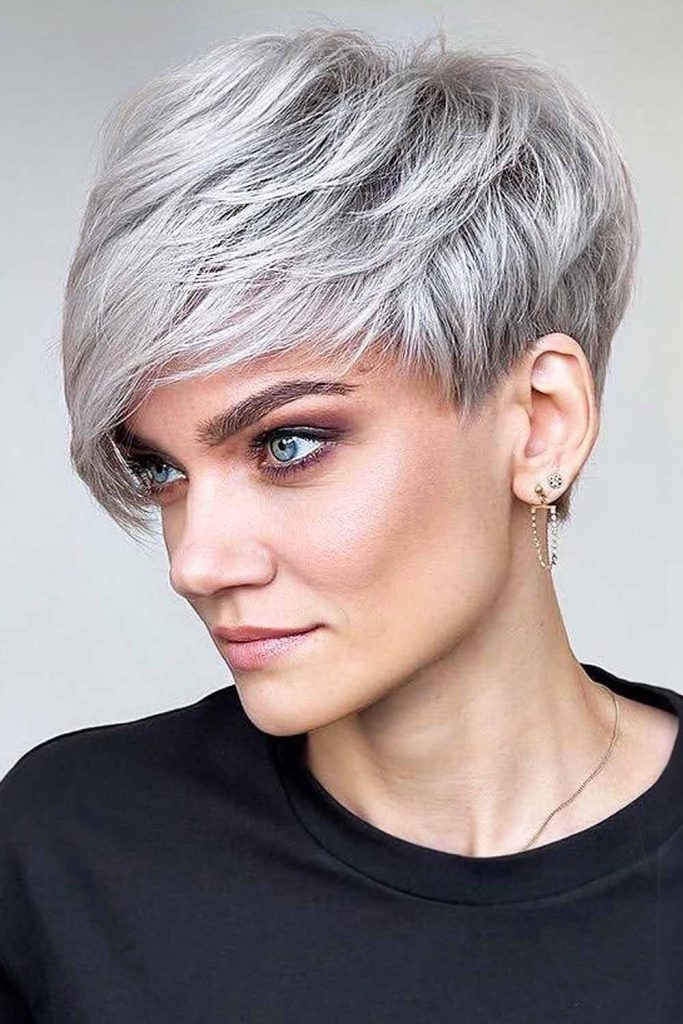 Pixie with Long Side Bang #shortgreyhair #shorthairstyles #greyhairstyles
