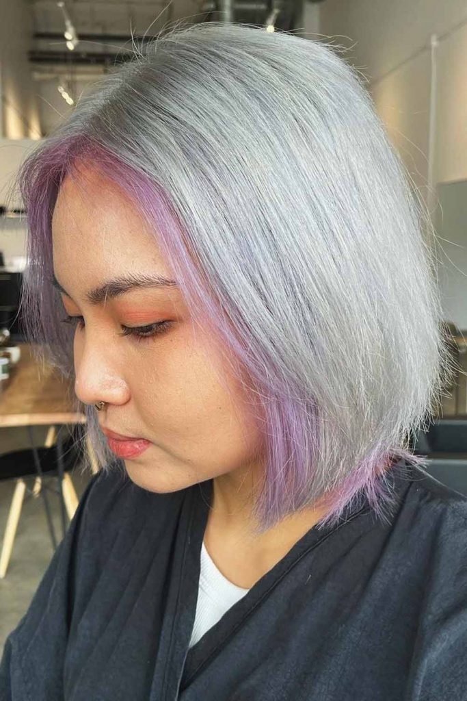 Grey Hair with Lavender Face Framing #shortgreyhair #shorthairstyles #greyhairstyles