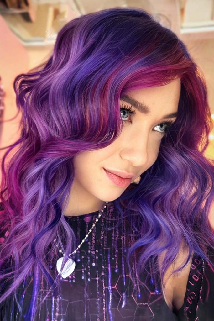 Wavy Hair with Periwinkle and Purple Highlights