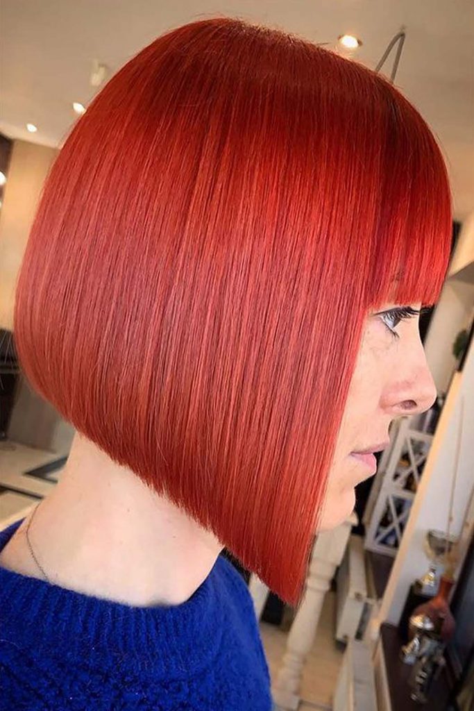 Red Angled Bob With Blunt Bangs