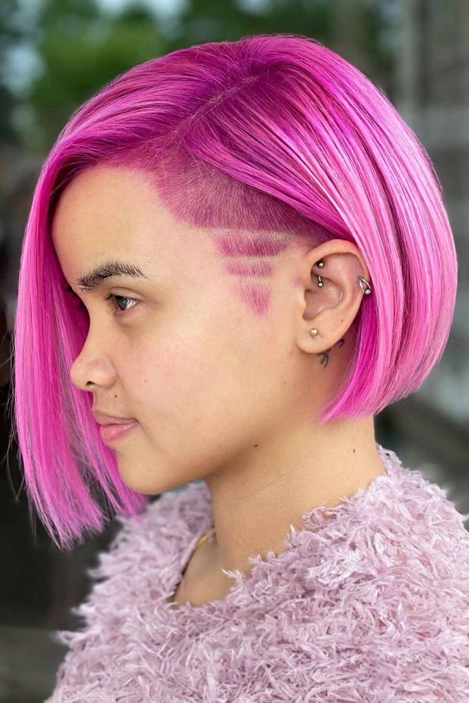 Pink Asymmetrical Bob with Shaved Lines #asymmetricalbob #bobhairstyles