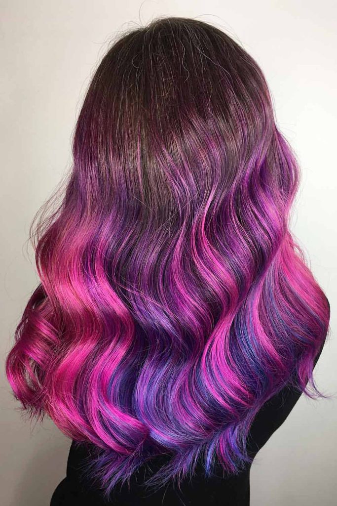 Pink and Blue Highlights on Brunette Hair #brownhighlights #brownhair #highlights