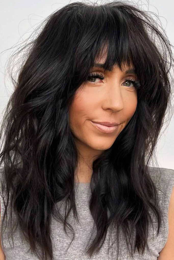 Thick Black Hair with Asymmetrical Fringe