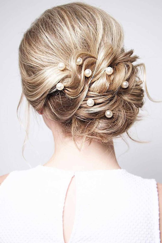 Twisted Updo with Pearls #updohairstyles #mediumhair