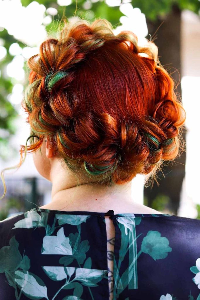Copper Crown Braid with Green Highlights #updohairstyles #mediumhair