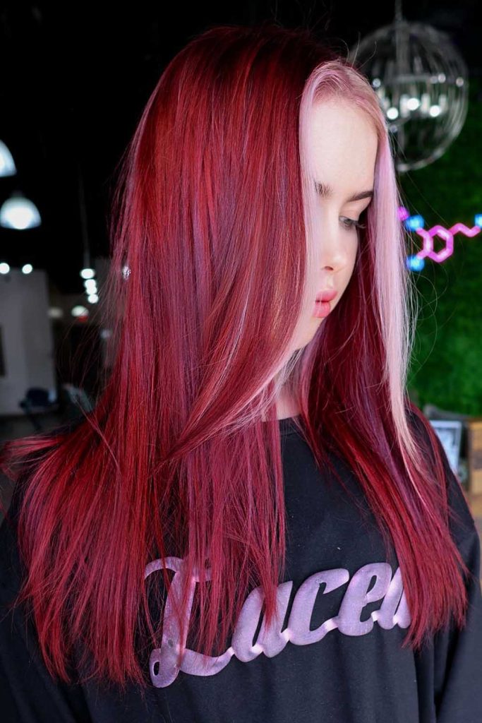 Face Framing Pink Highlights and Burgundy Hair Color