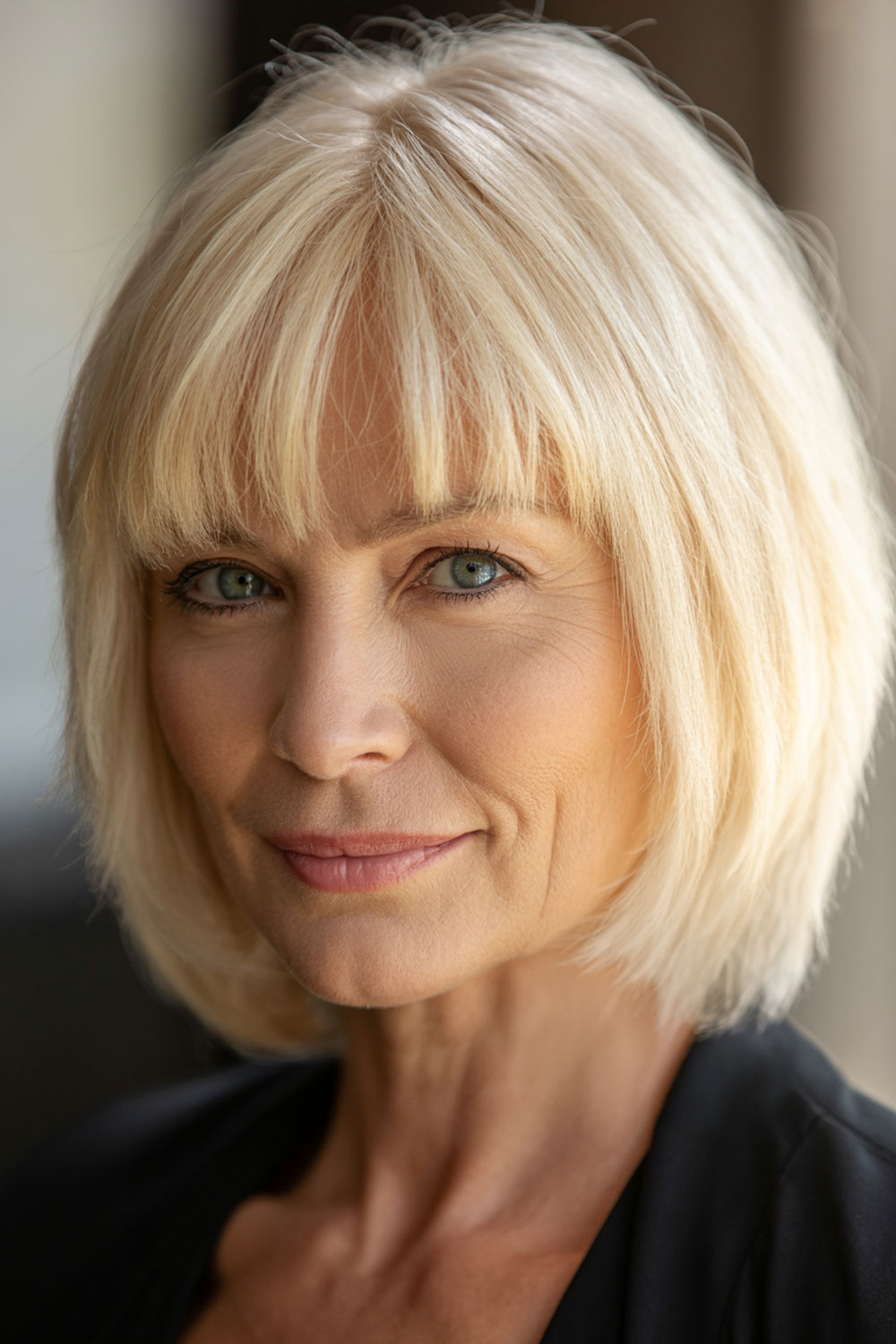 Older Woman With Blunt Bob Haircut And Full Straight Bangs Framing Face
